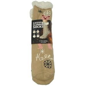 NWT Heat Trendz Sherpa Slumber Socks Tan Pink Bear Winter Cozy Non-Slip Grip